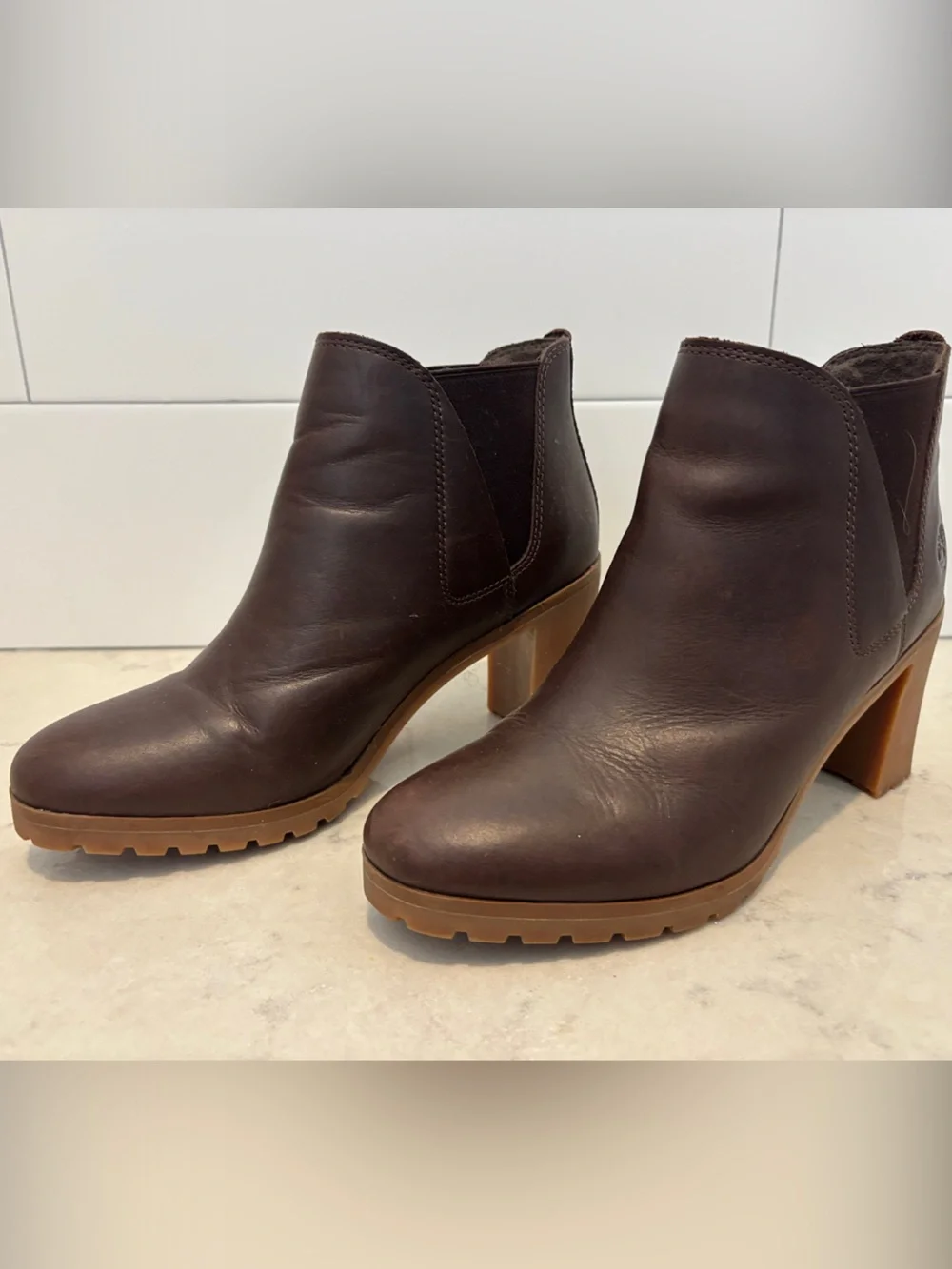 Timberland Dark Brown Leather Chelsea Block Heel Booties